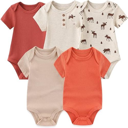 MAMIMAKA Newborn Baby Short Sleeve Bodysuit Cotton One-Piece Baby Clothes 5-Pack, 0-12 Months