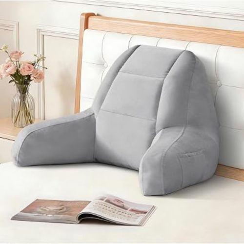 Back Pillow for Bed Sitting Up, Reading Pillows for Beds, Bed Pillow for Sitting up, Backrest Pillows with Arms for Adult, Filled with Shredded Memory Foam for Beds, Couch, Floor, Light Grey
