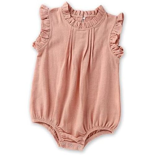 HOOLCHEAN Baby Girls Cotton Linen Plain Ruffles Sleeveless Bodysuits