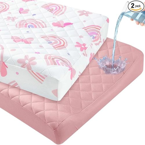 FIOBEE Changing Pad Cover Waterproof 2 Pack Quilted Diaper Change Table Sheets Breathable & Ultra Soft for Newborn Baby Boys Girls Fitted Changer Pads 32"x 16", Pink & White Rainbow