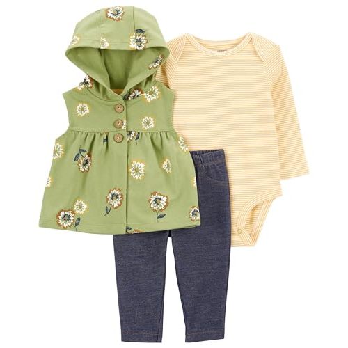 Carter's Baby Girls' 3 Piece Vest Little Jacket Set (Green/Yellow/Navy Floral, 9 Months)