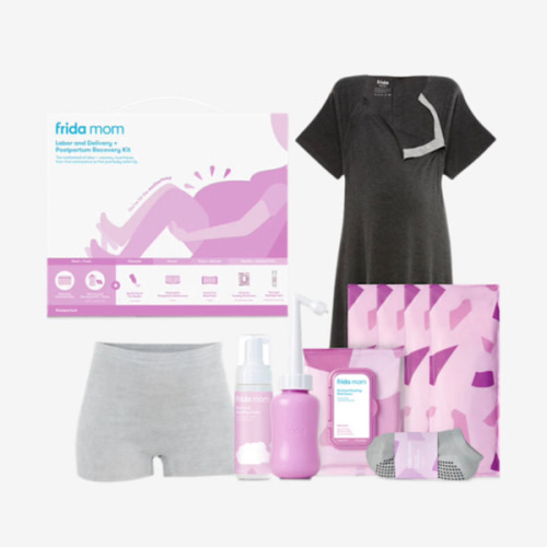 Frida Mom 15pc Labor & Postpartum Kit Gift Set for Baby Showers & Mom to Be, Includes Peri Bottle, Nursing Gown, Disposable Underwear, Ice Maxi Pads, Pad Liners, Perineal Foam, Socks & Toiletry Bag