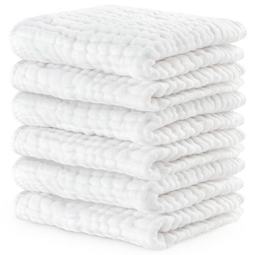 Comfy Cubs Muslin Baby Washcloths 6 Pack - Soft 6-Layer Cotton Wash Cloths for Sensitive Skin - 10"x10" Large, Gentle, Absorbent Infant Essentials for Newborn and Toddlers - White
