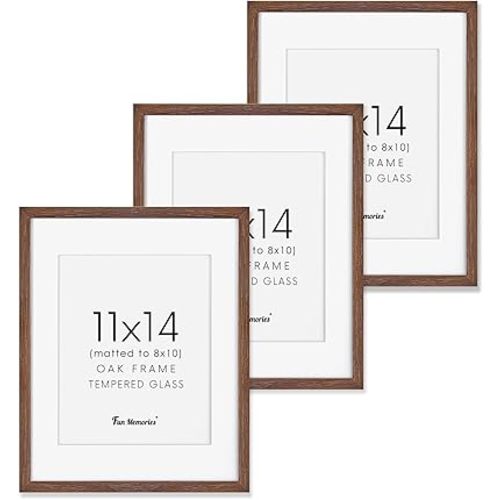 Fun Memories 11x14 Wood Picture Frame, Set of 3, Natural Oak Frame 11 x 14 with Tempered Glass, 8x10 Matted to Wood, Farmhousr Rustic Wooden Poster 11x14, Walnut Color
