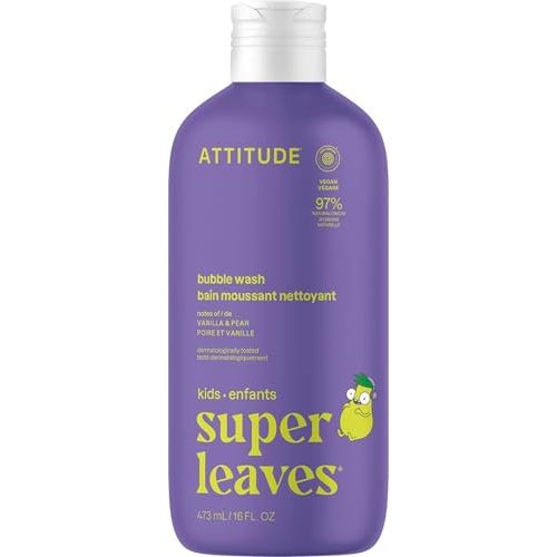 Attitude Bubble Wash for Kids, EWG Verified Bubble Bath, Hair Shampoo and Body Soap, Dermatologically Tested, Plant- and Mineral-Based, Vegan, Vanilla & Pear, 16 Fl Oz