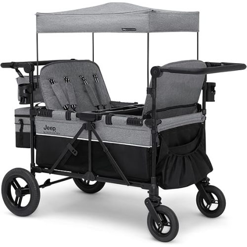 Jeep Wrangler Deluxe 4 Seater Stroller Wagon by Delta Children - Premium Quad Stroller Wagon for 4 Kids with Convertible Seats, Adjustable Push/Pull Handles, Removable Canopy & Flat Fold, Grey