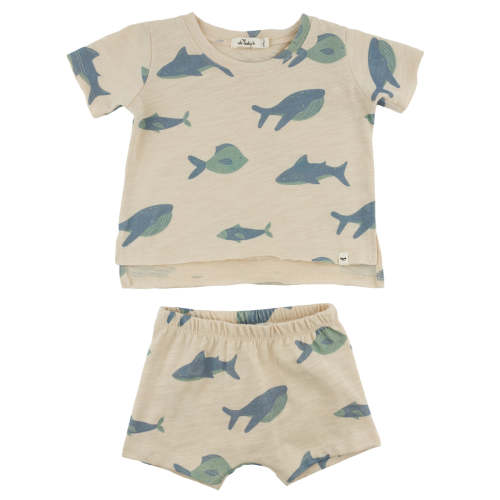 oh baby! Raw Edge Tee & Shorts Set - Fish Print - Natural