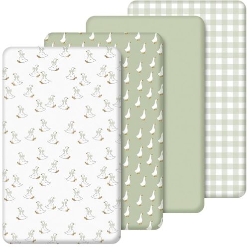 SmoothNovelty 4 Pack Silly Goose Crib Fitted Sheet for Boys Girls - 52" x 28" Fitted Baby Sheet with Goose and Gingham Style for Standard Mattress Gift Set, Microfiber & Soft Breathable(Green)