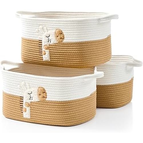 Storage Bins Woven Baskets for Storage Set of 3, Cotton Rope Basket with Handles for Toys/Shelves/Laundry, Rectangle Multi-Purpose Organizer for Living Room, Bedroom, Nursery (Giraffe)
