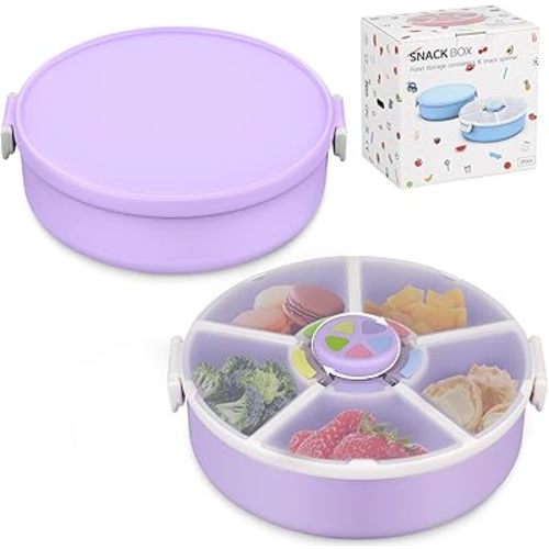 Kids' Rotating Snack Container Set – 2-Pack, Includes 1 Rotating Snack Container & 1 Round Sectioned Snack Box, BPA-Free, Dishwasher Safe, Perfect for Travel-Purple