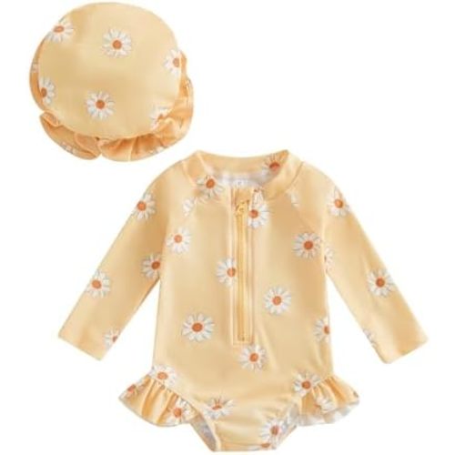 Toddler Baby Girl Swimsuit Set One-Piece Rash Guard Long Sleeve Half Zip Up Bathing Suit with Sun Hat 2Pcs Beach Wear