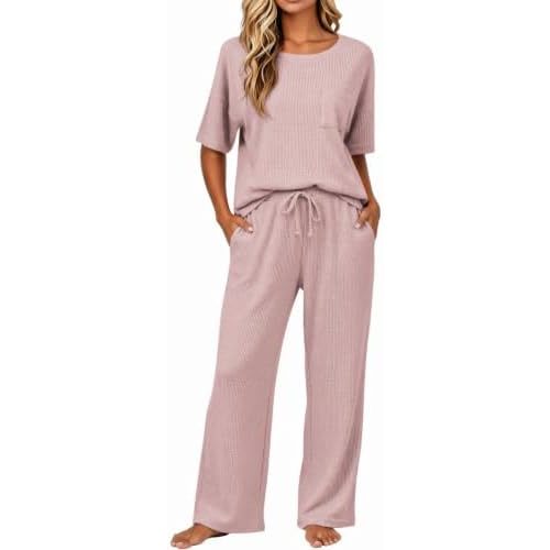 JiniGolla Womens Pajama Sets Waffle Knit Short Sleeve Shirt with Long Pajama Pants Soft Sleepwear Pj Lounge Sets
