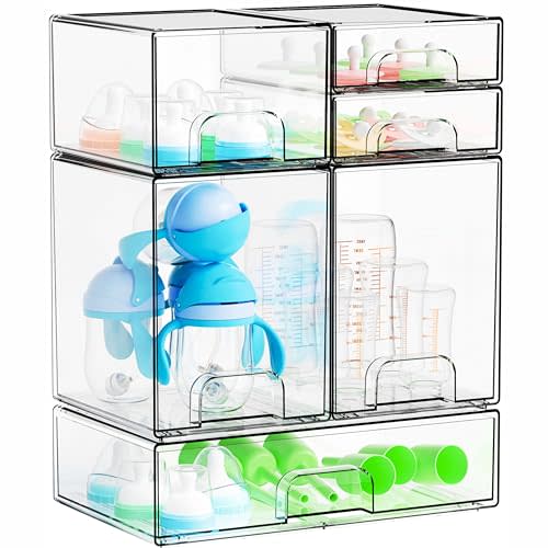 Yieach 6 Set Clear Baby Bottle Organizer for Countertop,BPA FREE Bottle Station Organizer for Breast Pump Parts,Pacifier and Baby Accessories,Stackable Drawers for Bathroom,Cabinet,Pantry Organization