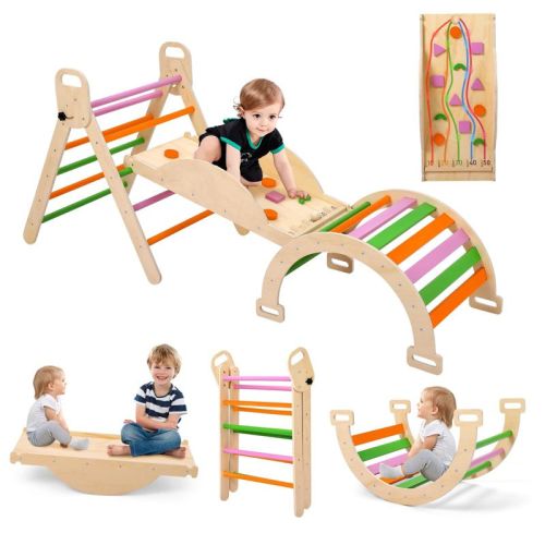 Foldable 9-in-1 Wooden Climbing Set for Toddlers & Kids ¨C Triangle, Arch, Pinball & Seesaw | Heavy Duty Indoor Jungle Gym Playground
