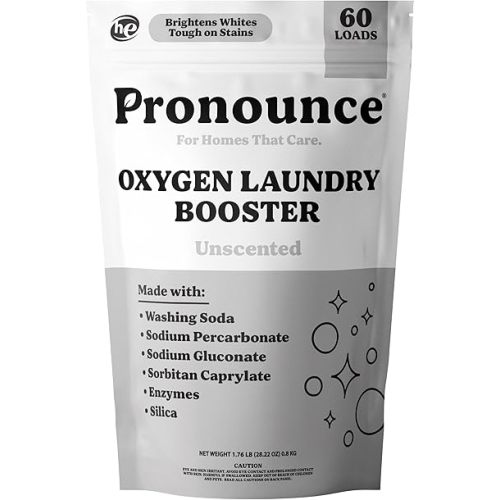 Pronounce Oxygen Laundry Booster with Enzymes - Brightens White & Tough on Stains, Fights Odor. Stain Remover, Cleaner Ingredients, Fragrance Free - Ultra Concentrated, HE - 60 Loads (Unscented)