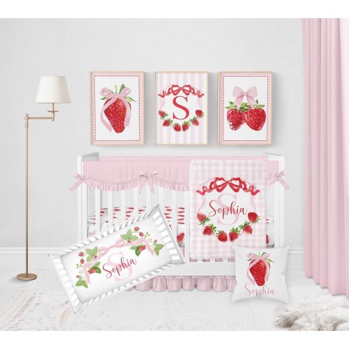 Strawberry Crib Bedding Set Girl, Baby Girl Crib Bedding, Bow Baby Bedding Crib Set Girl, Coquette Nursery Bedding, Strawberry Nursery Decor