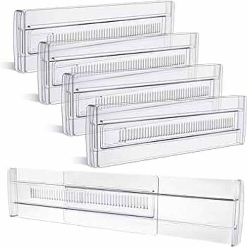Drawer Dividers, 4 Pack Adjustable Drawer Organizers 3.2" High Expandable from 11.3-20" Clear Expandable Dresser Organizer for Clothes Kitchen Utensils Cutlery Drawer Organizers Set