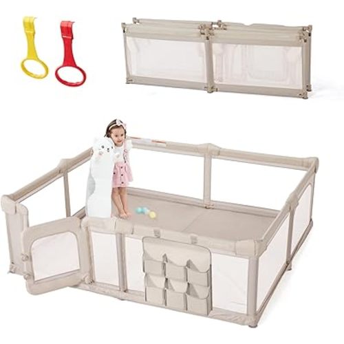 Baby Playpen,79"x59" Foldable Playpen for Babies and Toddlers with Gate,Large Baby Play Pens with Zipper Door,Play Yards Play Area (Light Khaki)