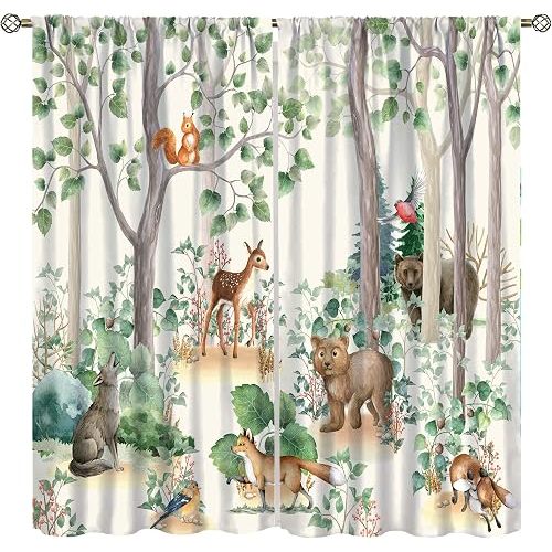 Forest Animal Kids Curtains, Wild Rustic Bear Fox Deer Children Cartoon Window Treatments for Living Room, Watercolor Blackout Drapes 2 Panel Sets,42x63 Inch