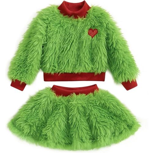 Amnnchya Toddler Baby Girl Christmas Outfit Green Furry Sweatshirt Tops Skirts Set Infant Fall Winter Christmas Clothes