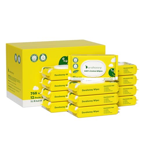 100% USA Cotton Baby Wipes for Sensitive Skin, 99% Purified Water Unscented Wet Wipes, Hypoallergenic & Plastic-Free, 768 Count (12 Flip-Top Packs of 64)