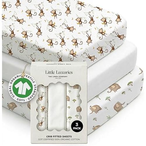 100% Organic Cotton Baby Crib Sheets (3-Pack) – GOTS Certified, Soft Fitted Sheets for Mini Mattress & Pack n Play, 5" Deep Pocket with Secure Elastic Fit, Boys & Girls, 28" x 55" (Safari)