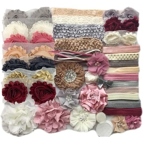 Baby Shower Headband Kit - Makes Over 30 Headbands, DIY Activity, Includes 5/8" Fold Over Elastic, 1/8" Skinny Elastic, Felt Circles, Embellishments, and More - Antique