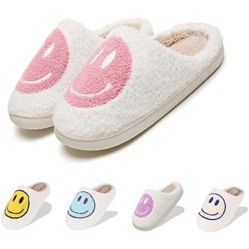 Fuzzy Slippers for Women Men, Cute Retro Fluffy Happy Face House Slippers, Plush Memory Foam Slippers for Women Indoor and Outdoor Cozy Trendy Slip-On Shoes