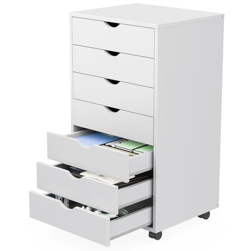 Sweetcrispy 7 Drawer Chest Mobile Storage Cabinets Wooden Dresser with Wheels Room Organization Furniture for Office, Pure White