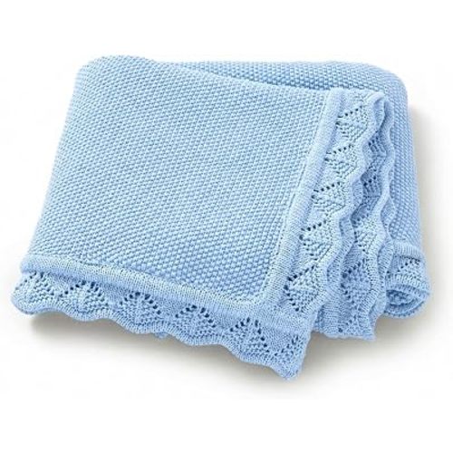 Baby Knit Blanket Soft Breathable Cotton Scallop Border Blankets Newborn Knitted Blanket Swaddle Blankets Gifts for Baby Newborn Toddler Shower Boy Girl New Mom Birthday Christmas Blue 30x40