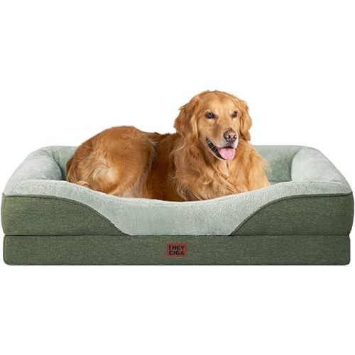 EHEYCIGA Memory Foam Dog Bed for Large Sized, Orthopedic Dog Sofa with Sides and Waterproof Liner, Washable Bolster Pet Couch with Removable Cover, 41x27x7.5 Inch, Green