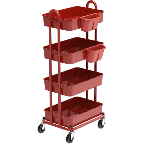 Simple Houseware 4-Tier Rolling Utility Cart with Hanging Bucket, Red