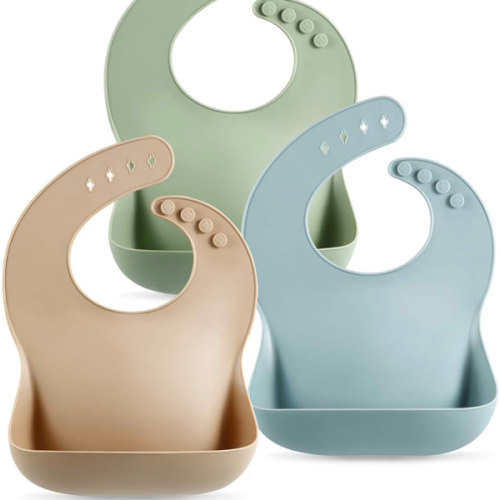 PandaEar Set of 3 Silicone Baby Bibs Waterproof, Soft, Unisex, 10-72 Months (Brown/Blue/Green)