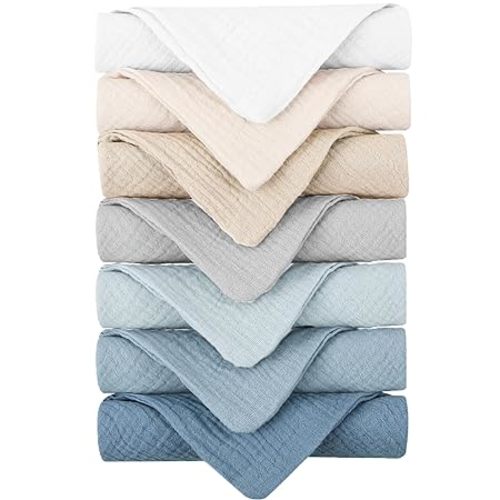 Konssy Baby Muslin Washcloths 7-Pack, 100% Cotton Baby Bath Washcloths, Soft & Absorbent Wash Cloths and Burp Cloths for Newborn Kids Girls & Boys, 11x11 inches