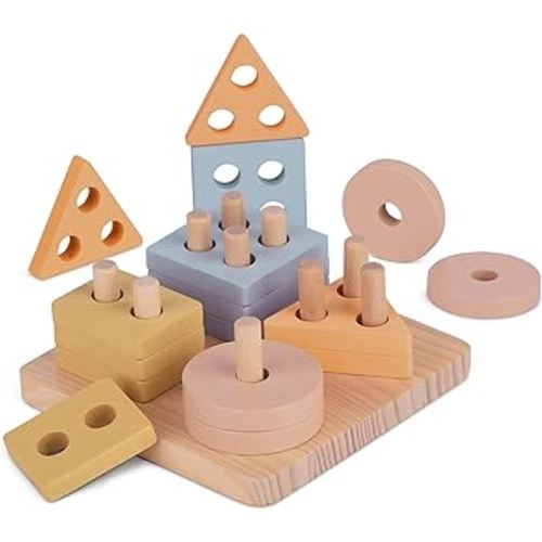 TOLOLO Montessori Toys for 1 2 3 Year Old Boy/Girl Wooden Toddler Toys Puzzles for Toddlers 1-3 Sorting and Stacking Toys for Preschool Kids, Color Recognition Shape Toys for Gift