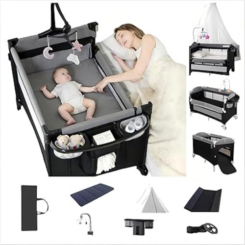 Pack and Play Baby Bedside Crib, Foldable and Portable Baby Travel Crib for Babies and Toddlers, Large Space Playard with Wheels (Grey with Luxurious Mosquito Net)
