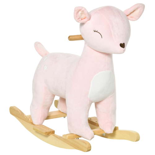 Rocking Animal with Realistic Sounds, Plush Deer Rocker with Poplar Wood Base, Pink, 26.7x14x25.2 in