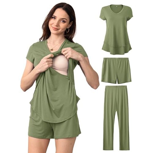 SUNNYBUY 3 PCS Maternity Breastfeeding Pajamas Set, Hidden Nursing Tops, Adjustable Pregnancy Shorts & Pants Postpartum PJS