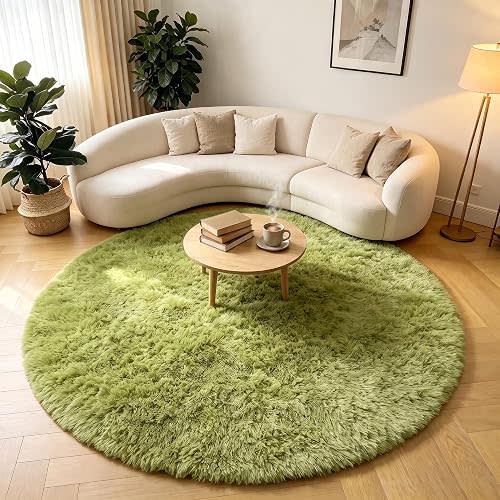 Grass Green Round Rugs 5ft for Bedroom Living Room, Fluffy Circle Area Rug for Kids Girls Boys Teen, Soft Plush Shaggy Carpet for Nursery Dorm Classroom Playroom Home Decor Aesthetic