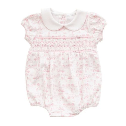 Fairway Toile | Short Sleeve Smocked Bubble (Pink) – Baby Dunn