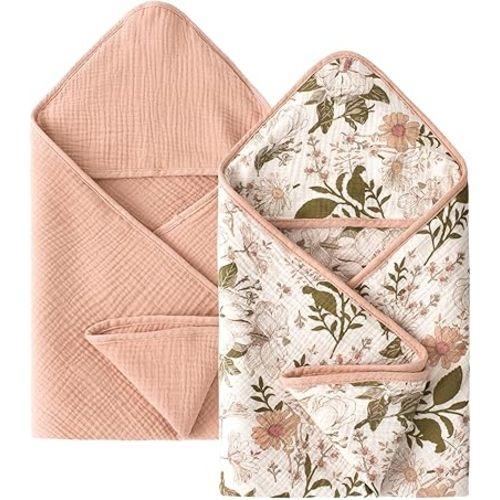 Little Jump Muslin Hooded Baby Bath Towels - 2 Pack 100% Cotton Towel for Babies, Infants, Toddlers - 32x32Inch - Highly Absorbent and Newborn Essential (Vintage Blossom)