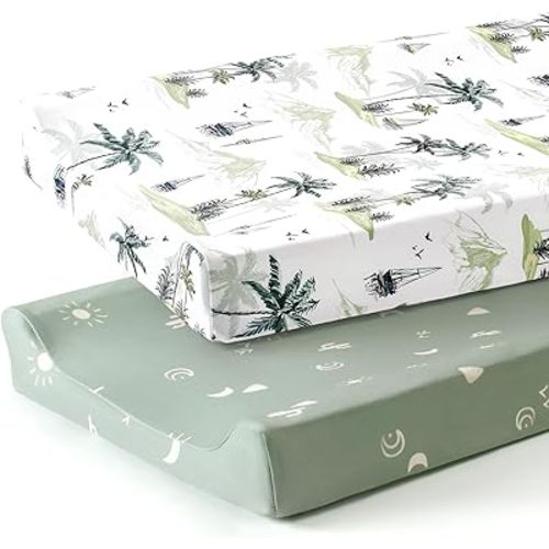 GRSSDER Stretch Ultra Soft Jersey Knit Changing Pad Cover Set 2 Pack, Change Table Pad Covers Fit 32"/34" x 16" Pads Safe and Snug, Sunny Holiday Pattern