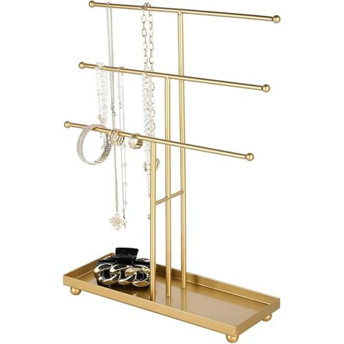 MyGift Modern Jewelry Organizer, 3 Tier Metal Tabletop Bracelet and Necklace Jewelry Storage Display Tree Rack with Base Ring Tray (Brass)