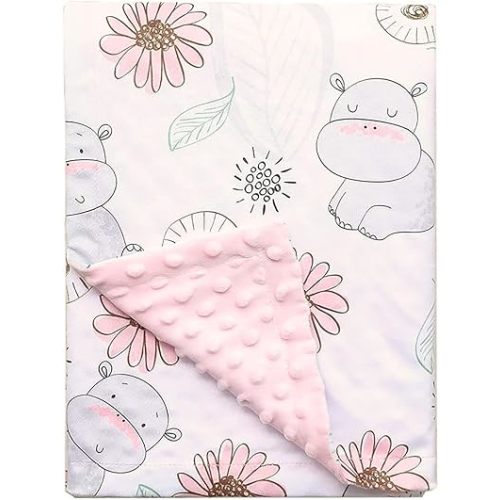 Minky Baby Blanket Floral Hippo for Girls Newborn Toddler Soft Swaddling Receiving Blanket with Dotted Backing for Nursery Crib Stroller Car Seat 29.5 x 39.3 Inches