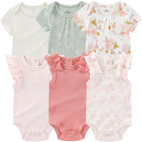 Ruliby Baby Bodysuit 6 Pack Soft Mixed Ribbed Short Sleeve Romper Infant Boy Girl Clothes Set
