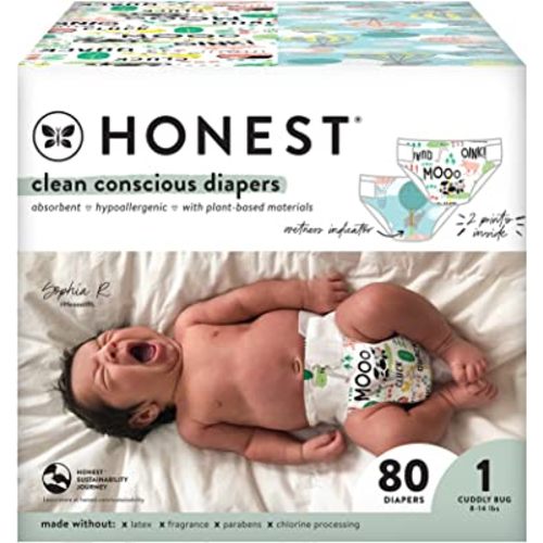 The Honest Company Clean Conscious Diapers | Plant-Based, Sustainable | Above It All + Barnyard Babies | Club Box, Size 1 (8-14 lbs), 80 Count