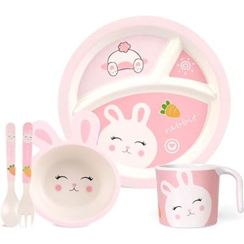 Kids Dinnerware Set, Includes Toddler Plate Bowl Tumbler and Utensils, BPA Free Bamboo Fiber Material Perfect for Little Girls (Pink - Rabbit Theme)