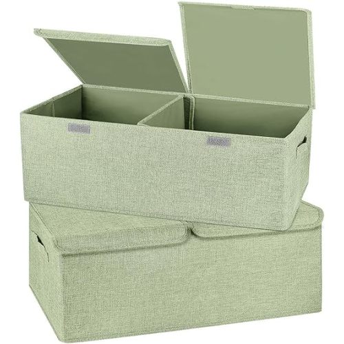 Valease 2 Pack Storage Boxes with Lids and Handles, Collapsible Linen Storage Bins Organizer Containers Baskets Cube with Removable Divider for Home Bedroom Closet Office (Green, Small)