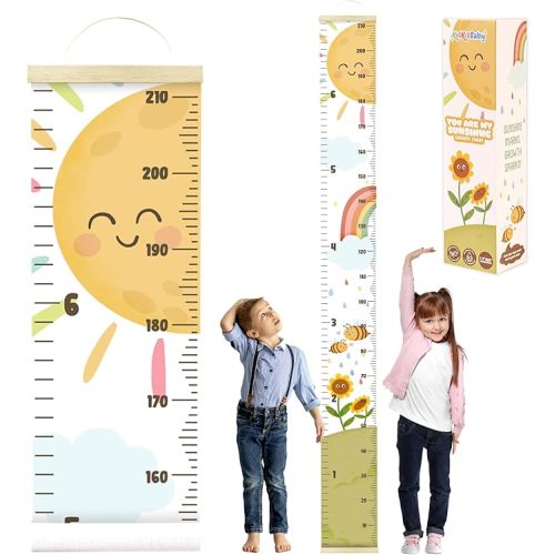 KooKooBaby Canvas Growth for Baby and Kids - Nursery or Toddler Room Wall Decor for Girl and Boy - Removable Roll Up Canvas Chart with Wooden Fram