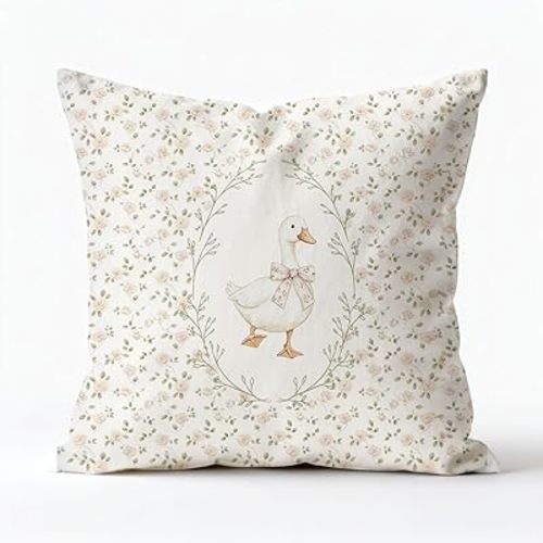 Coquette Bow Floral Goose Pillow Cover 18x18, Goose Nursery Decor, Cottagecore Pink Rose Flower Animal Decorative Pillow Covers for Baby Girl Nursery Kids Room Home